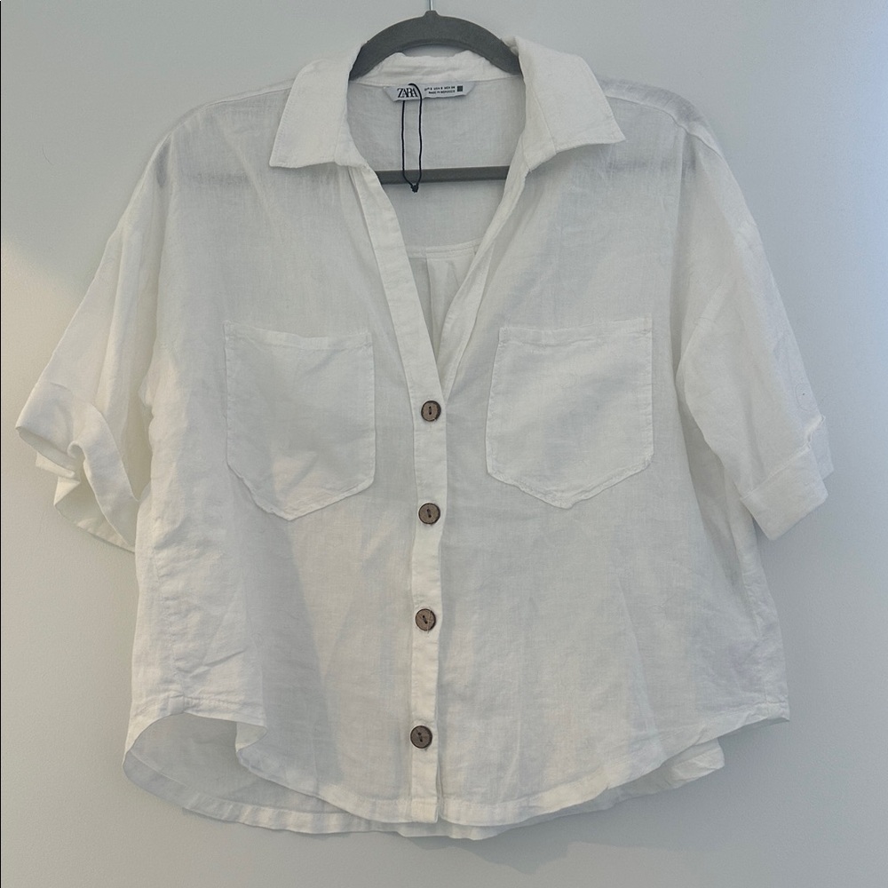 NEW ZARA button down linen blend crop shirt - Picture 4 of 6
